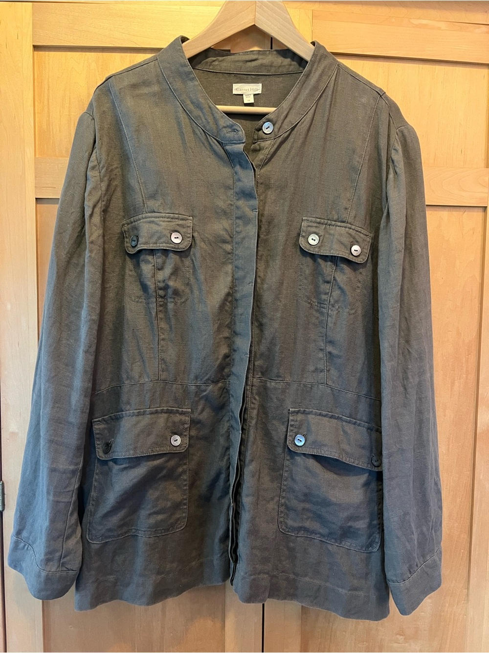 Garnet Hill 100% Linen Olive Cargo Shirt Jacket Stand Collar Utility Size 18